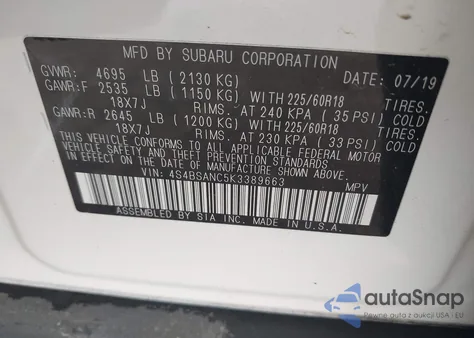 2019 Subaru Outback 2.5I Limited z USA, uszkodzony, nr VIN 4S4BSANC5K3389663